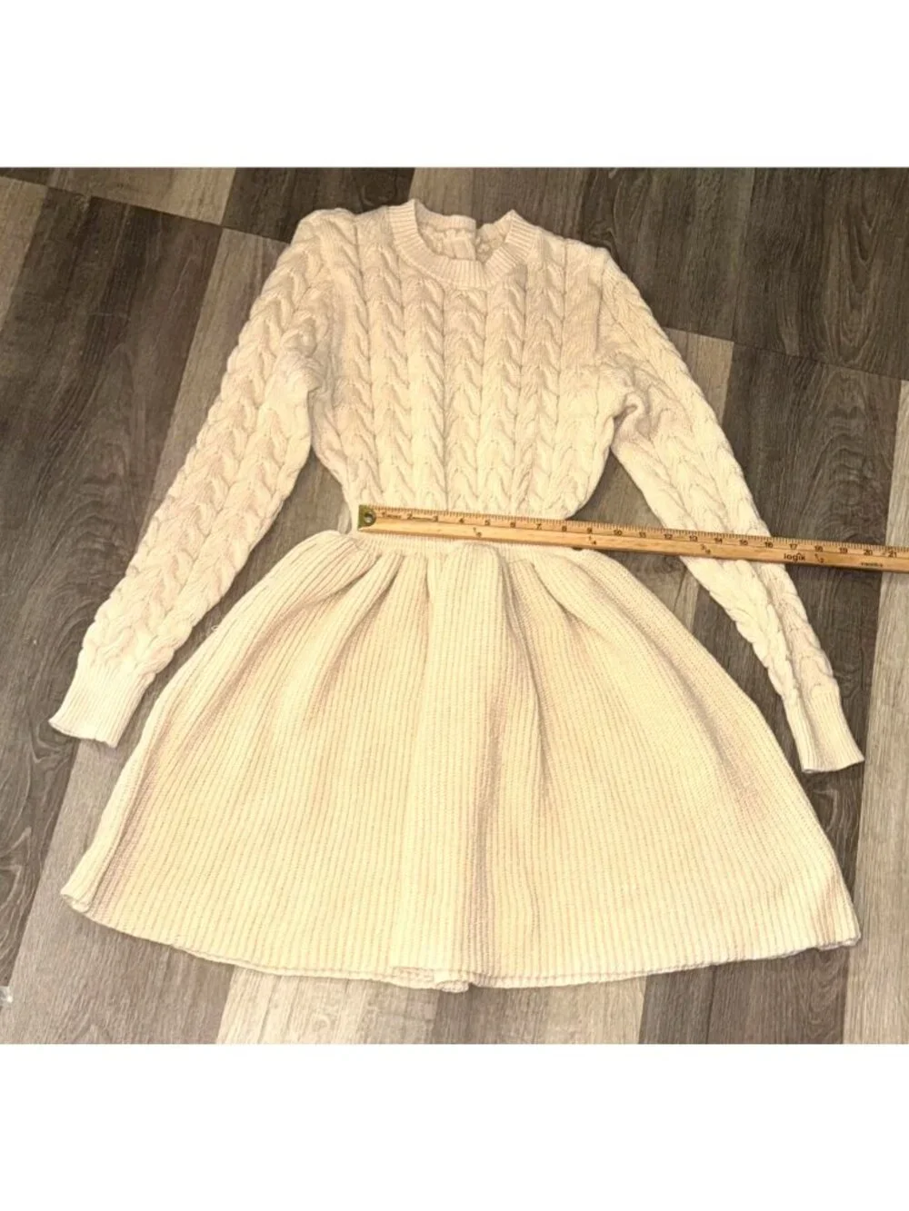 Cable Knit Long Sleeve Beige Sweater Dress - Picture 6 of 7